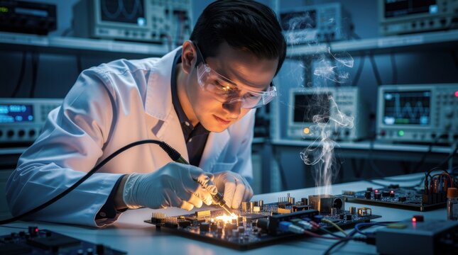 An electronics engineer in a lab coat and safety glasses carefully solders a complex circuit board, with smoke rising from the connection.
