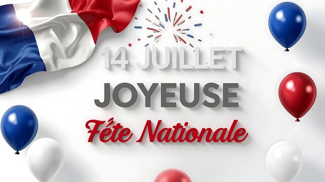 Waving French flag and glossy festive balloons celebrating 14 Juillet
