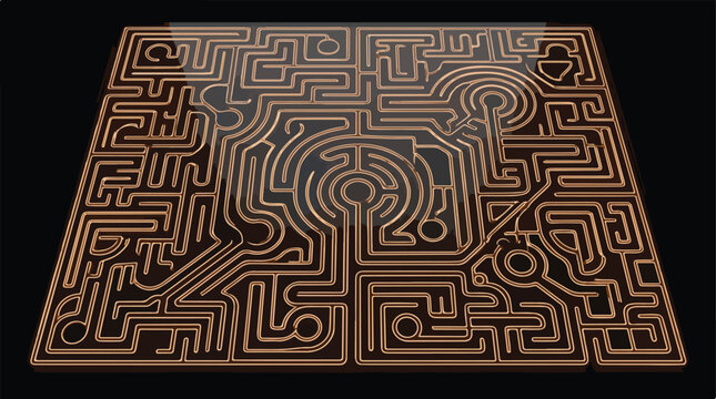 Complex copper maze puzzle with intricate pathways and challenging dead ends, top-down perspective on a dark background.