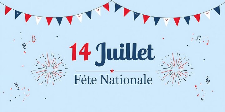 Festive 14 Juillet F&ecirc;te Nationale banner with fireworks and bunting