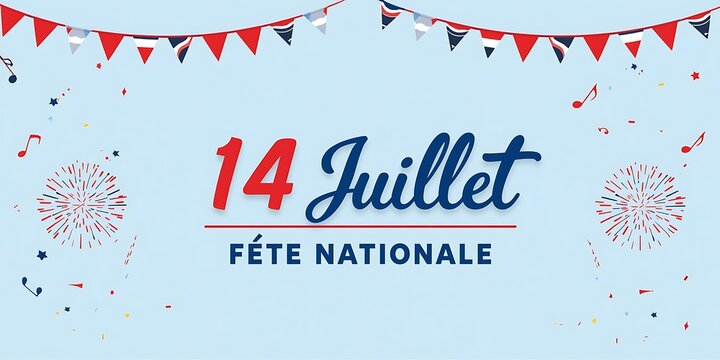 Festive 14 Juillet F&ecirc;te Nationale banner with fireworks and bunting