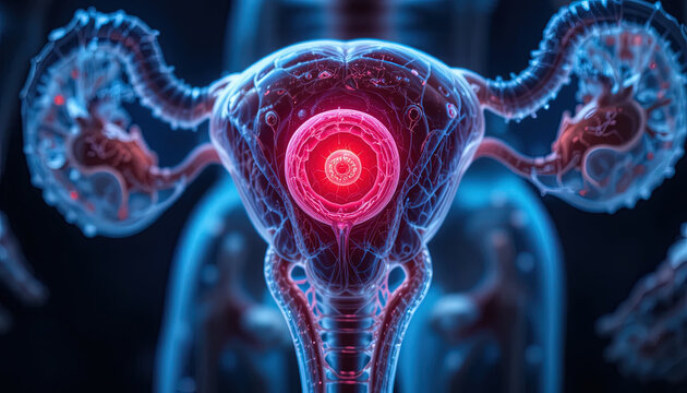 Illuminated medical visualization showcases the human female reproductive system with a glowing highlighted center.