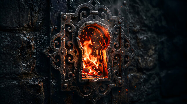 Intense Blazing Hellfire and Sparking Embers Visible Through Carved Gothic Metal Keyhole