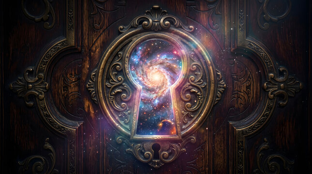 Ornate Circular Filigree Keyhole Bordering a Glowing Swirling Cosmic Nebula Space Portal