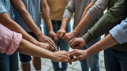 Fototapeta premium Group of people joining hands in circle symbolizing growth and future success