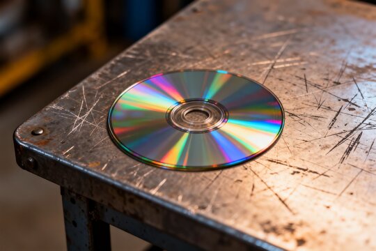Cd disc on scratched metal table