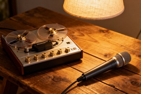 Vintage tape recorder and microphone on wooden table
