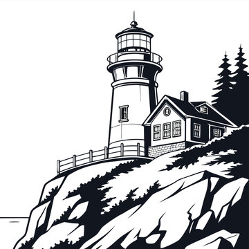 Vector illustration of a classic lighthouse on a rocky coastal cliffside with lighthouse maritime navigation