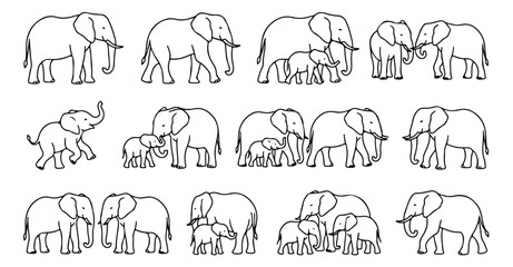 Minimalist elephant line art collection, hand drawn african elephant family vector set, simple black and white animal sketches for nursery decor © Noman