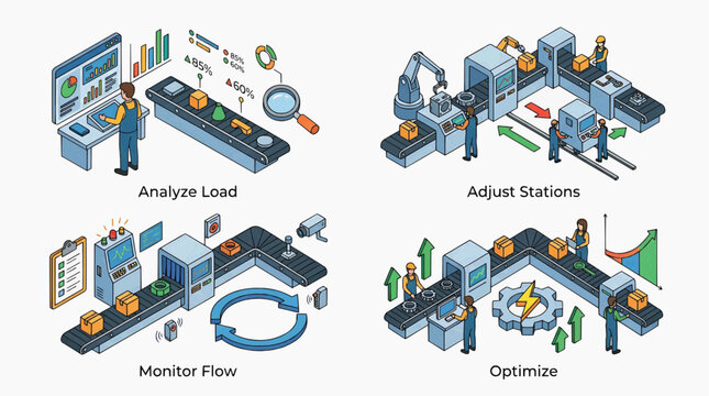 Industrial automation process with technicians optimizing and monitoring factory workflow