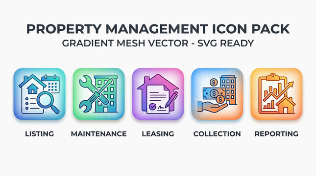 A vibrant illustration of property management icons in a gradient mesh vector style for leasing, maintenance, and collection in a modern setting.