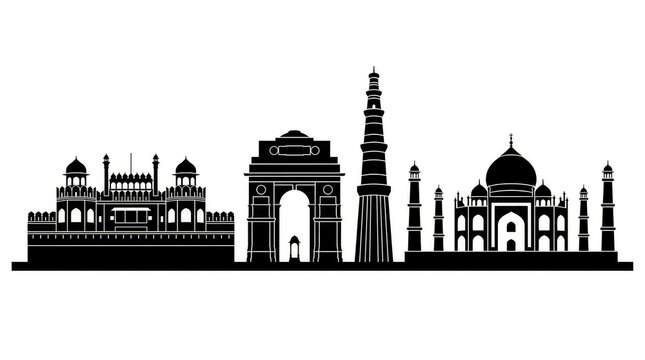 Black silhouette of famous indian monuments