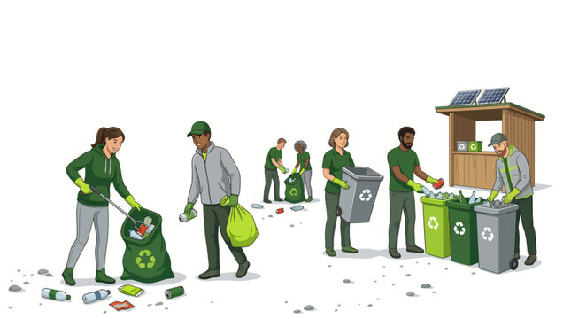 People collecting and recycling trash and garbage in a community clean up event with recycling bins