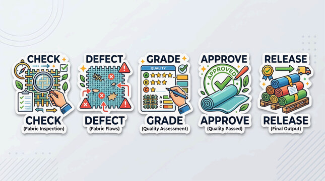 Quality control inspectors examine defects and grade products for approval and release in a factory setting with various icons.