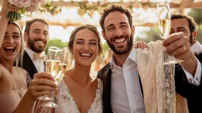 A culturally rich moment under a Jewish wedding chuppah (canopy). The bride and groom have just been pronounced married