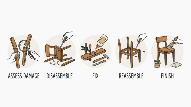 The process of fixing a broken chair with tools and reassembly steps illustrated in sequence