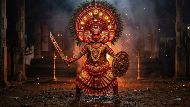 Majestic Theyyam Dancer Holding Ritual Sword and Shield