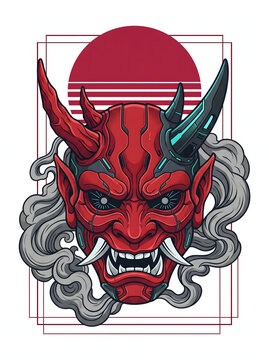 Cyberpunk Oni mask illustration featuring a red mechanical Japanese demon with horns and smoke against a synthwave sun background design.