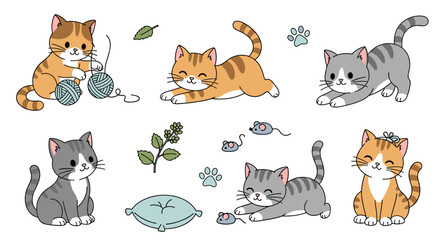 Fototapeta premium Set of cute cartoon kitten illustrations playing with yarn and toys, playful cat characters, feline stickers, vector collection for kids projects