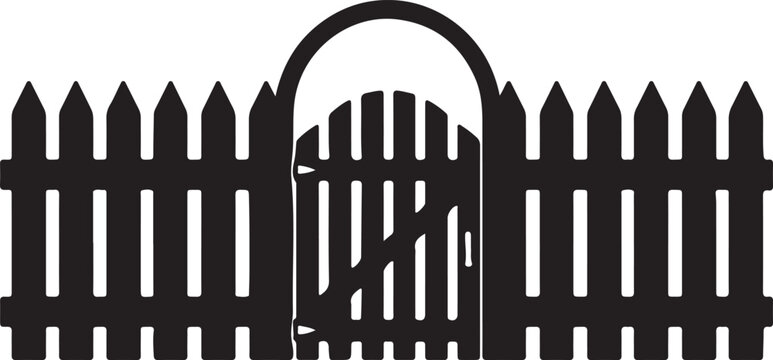 A black picket fence with a closed gate stands alone outdoors.