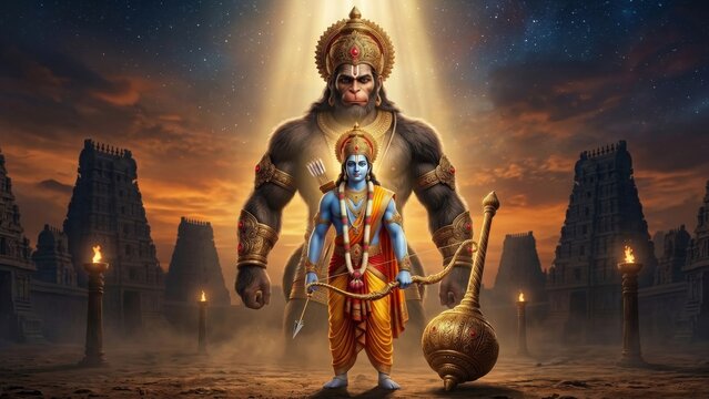 Ultra Wide Ram Hanuman Mythological Fantasy Wallpaper