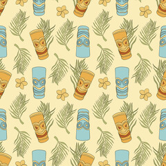 Seamless pattern with tiki mask and palm leaf © Mariia