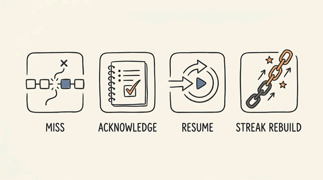 Four icons represent actions to acknowledge, resume, streak and rebuild on a beige background with words.