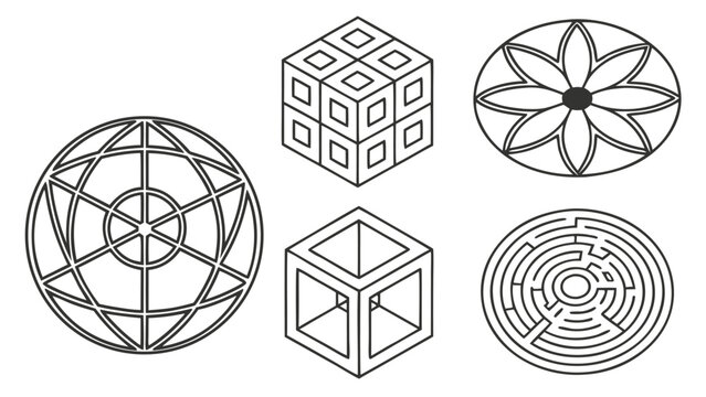 Vector illustration of abstract 3D geometric structures and intricate maze patterns with geometric, abstract