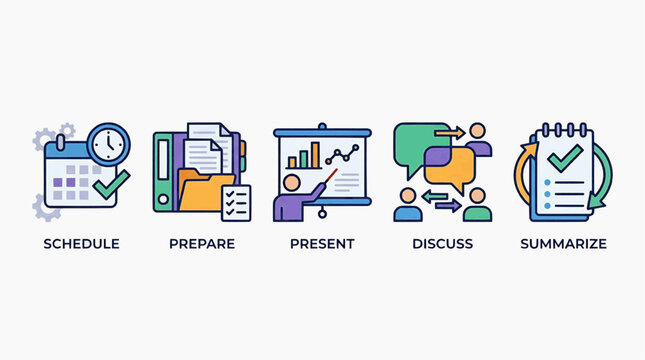 Business presentation schedule with prepare present discuss and summarize icons