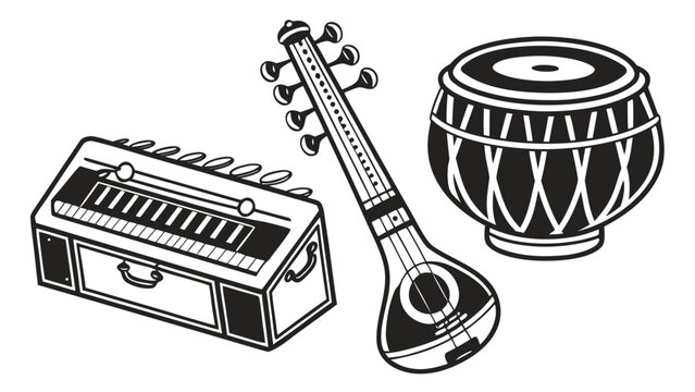 Vector illustration of traditional indian musical instruments with instrument harmonium cultural classical