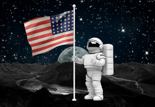Astronaut With American Flag Mockup PSD