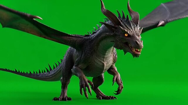Dark fantasy dragon with large wings standing on a green screen