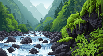 Detailed vector illustration of a serene mountain river flowing through a vibrant, lush forest landscape, featuring moss-covered rocks and distant peaks © Purnomo Semlirick