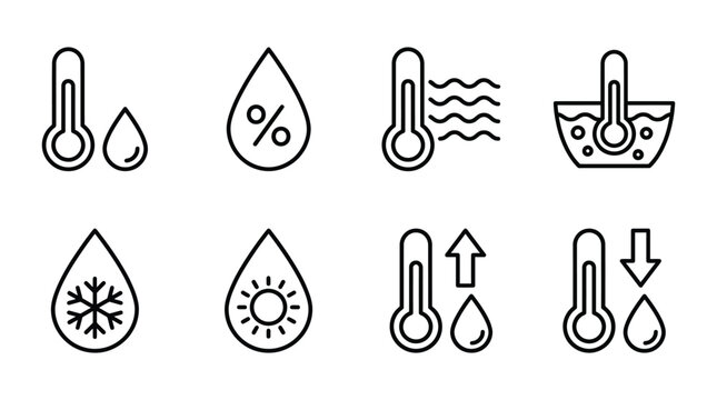 Collection of line art icons representing temperature and humidity measurement and changes