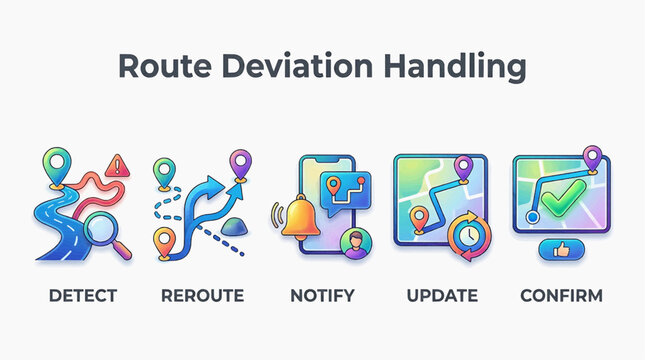 Navigation system icons show route deviation handling on mobile