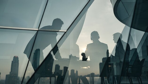 Business background with professionals meeting reflected in modern office glass and city views