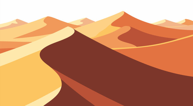 Vast and colorful desert landscape vector illustration featuring endless rolling sand dunes under a bright, clear sky, capturing a warm and arid environment