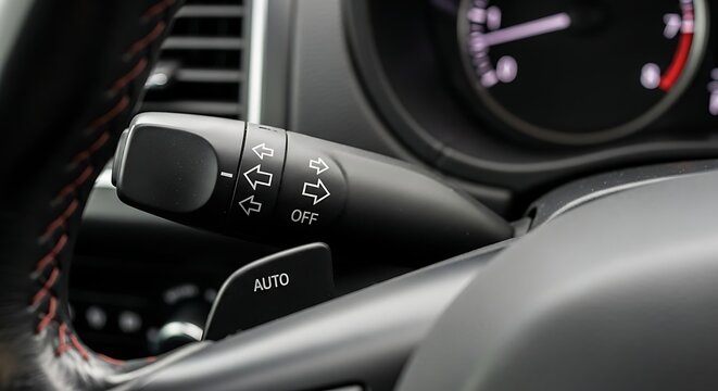 Close up of a modern car turn signal stalk and steering wheel controls