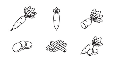 Daikon radish vegetable line art icon set including whole root slices and sticks with vegetable ingredient illustration monochrome collection isolated nutrition vegetarian agriculture