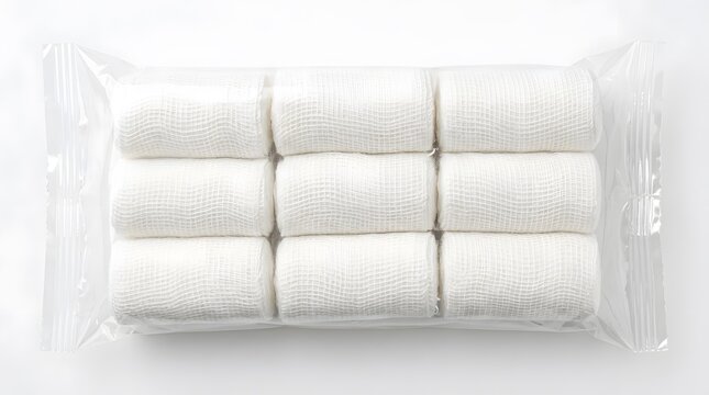 Pack of nine white medical gauze rolls in transparent plastic packaging