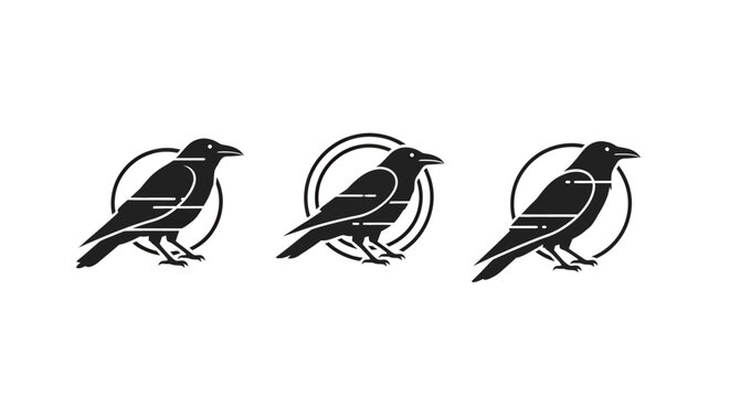 Three black crow illustrations in circular frames design.