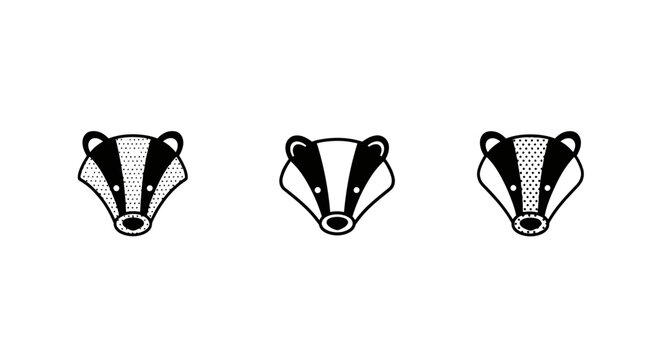 Detailed Black and White Badger Head Illustrations Set.