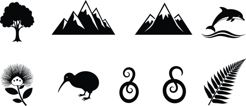 New zealand iconography collection black silhouette illustrations of flora fauna and landscapes