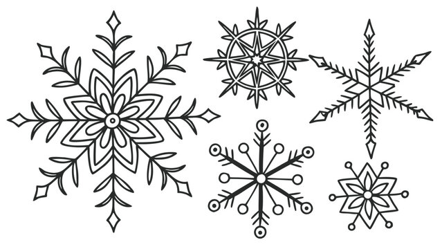 Vector illustration of a collection of detailed hand-drawn winter snowflake ornaments and crystal shapes