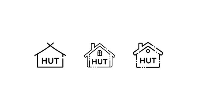 Three minimalist hut icons in simple line art style.
