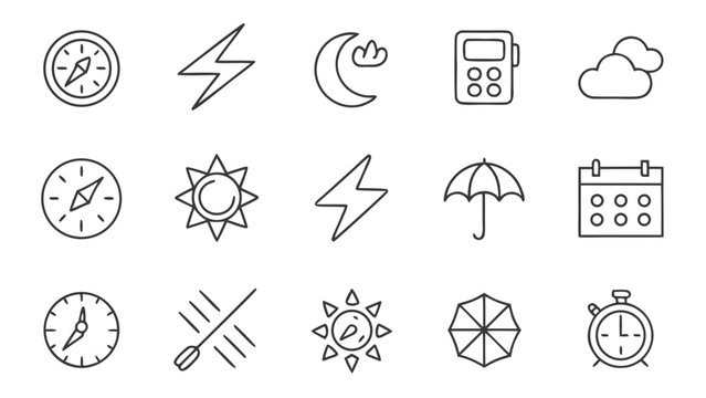 Vector illustration of various outline weather and climate icons set including sun clouds and compass