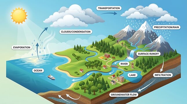 Water Cycle Diagram Evaporation, Condensation, Precipitation, Runoff, and Infiltration