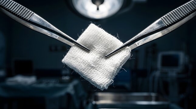 Surgical forceps holding a sterile gauze pad in an operating room