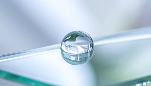 Minimalist clear liquid droplet with sharp focus on smooth glass