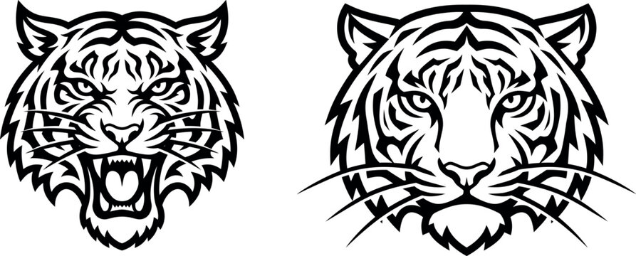 Black and white illustration of two tiger heads with different expressions